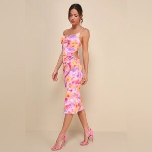 Lulus Vibrant Babe Pink Multi Floral Cutout Drawstring Midi Dress - Size S